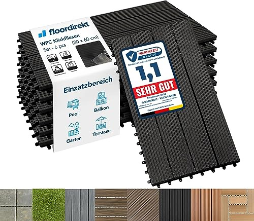 Floordirekt Baldosas de Patio WPC 60x30cm 2m² = 11 Piezas para terrazas, Balcones - Suelo Exterior con Aspecto de Madera, Clic Azulejos con función de Drenaje | Antracita | Royal