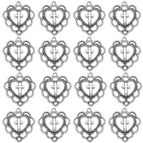 SUNNYCLUE 1 Box 100Pcs Cross Charms Bulk Mini Cross Beads Tibetan Style Antique Silver Heart Love Charm Vintage Flower Shaped Hollow Crucifix for jewellery Making DIY Craft Supplies