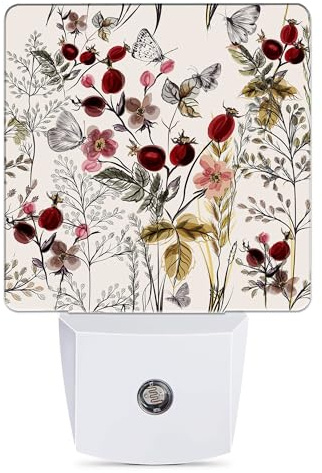 Jopowide Vintage Flower Night Light, Butterfly Plug into Wall with Dusk to Dawn Light Sensors, Warm Nightlights for Bedroom, Bathroom, Hallway, Kitchen, Gifts Ideal for Girls Women