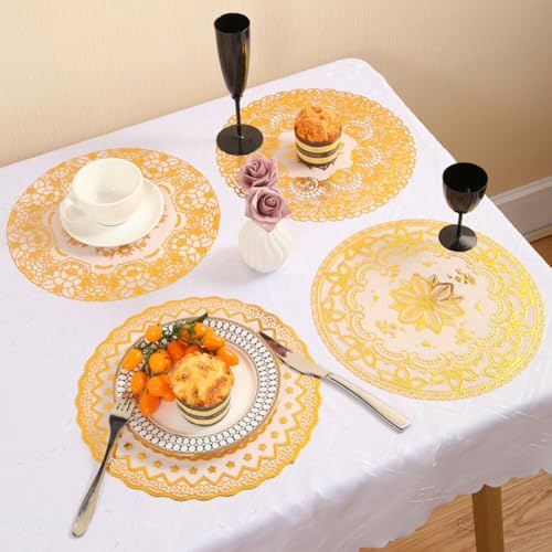 Wambere 8 manteles individuales redondos de PVC de 30 cm, lavables, antideslizantes, resistentes al calor, posavasos para tazas, manteles individuales, decoración de mesa, patrón aleatorio, dorado