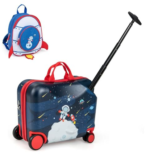 Maxmass 2 PCS Kids Luggage Set, 12 & 18 Children Ride on Suitcase and Backpack with Adjustable Handle, Anti-Lose Rope, Girls Boys Hard Shell Trolley Case for School Travel (Dark Space)