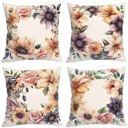 Kissenbezug 40x40cm 4 Set Doppelseitig Blume Dekorative Pillow weich Kissen Beige Quadratisch weich Kissenbezüge weich Kissenbezug für Sofakissen Garten Deko Schlafzimmer Wohnzimmer Couchkissen mu-299