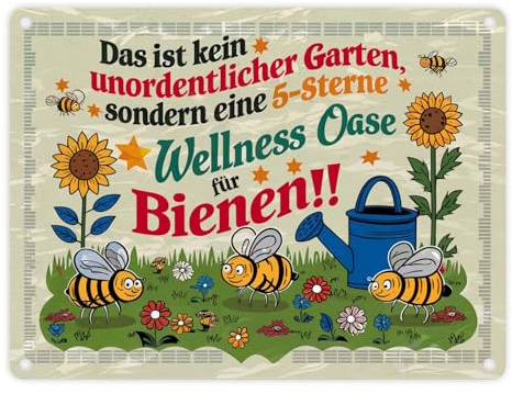 5-Sterne Wellness Oase für Bienen Metallschild in 15x20 cm Mit Illustrationen von Honigbienen auf Blumenwiese