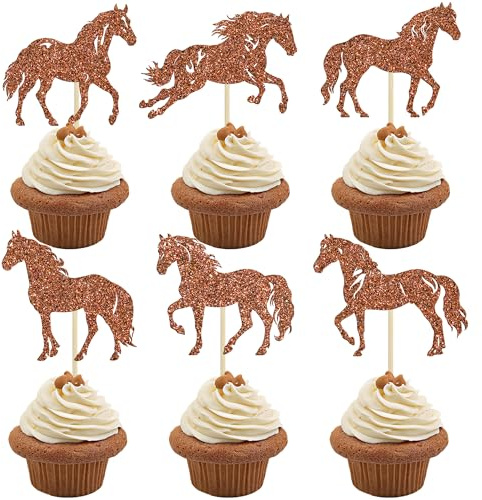 Gyufise 24Pcs Horse Cupcake Toppers Glitter Animal Horse Racing Cupcake Pick Baby Shower Horse Party Cake Decorations for Birthday Equestrian Theme Party Decorations Brown