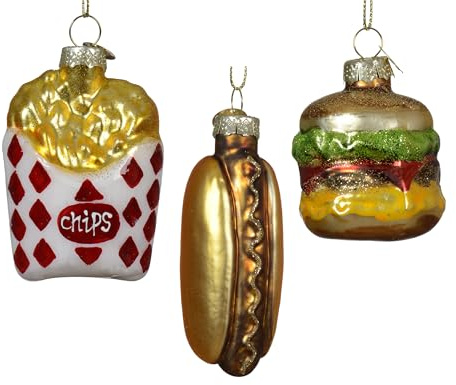 Kaemingk Christbaumschmuck Fastfood 8cm Glas - 3er Set Figuren zum Aufhängen Weihnachtsbaum Anhänger für Weihnachten - Christbaumanhänger & Weihnachtsbaumschmuck - American Diner Food Essen