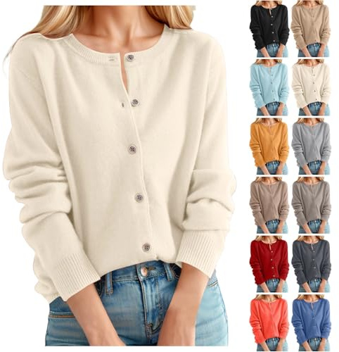 Damen Strickjacke Rundhalsausschnitt Kaschmir Cardigan Knopfleiste lässig Strickpullover Vintage Leichte Langarm Klassisch Jacke Rundhalsstrickjacke Frauen Elegante Pullover mit Knöpfen #A01 Beige M