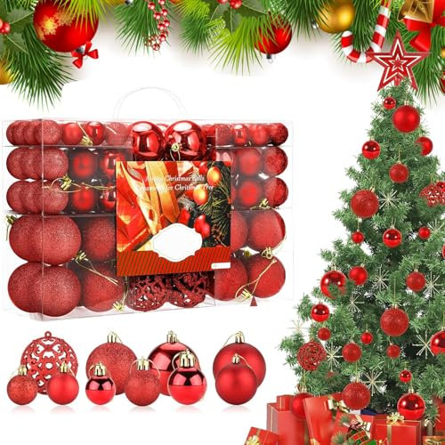 Bolas de Navidad Rojas,50 Piezas 3 4 6 cm Juego de decoración de árbol de Navidad, Adornos Arbol Navidad Plastico,Colgantes Decoración de Brillo de árbol de Navidad para Decoraciones de árboles