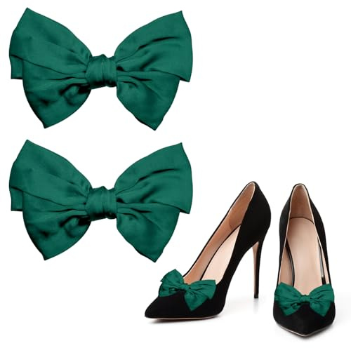 2st Bow Shoe Clips, Satin Sho Clips Löstagbar Bowknot Sho Clip Band Rosett Sko Spännen Skodekorationer för kvinnor Flickor Bröllopsfest Höga klackar Platta sandaler (grön)