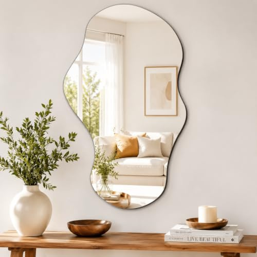 PERFNIQUE Specchio irregolare da parete, asimmetrico, 109 x 60 cm, specchio decorativo moderno per bagno, camera da letto, soggiorno, ingresso, specchi senza cornice, montaggio a parete (109 x 60 cm
