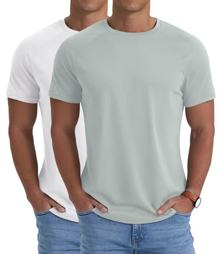PrinStory 1 eller 2-pack kortärmade sportt-shirts män snabbtorkande gym fitness löptröja andas rund hals träningströja, Vit + ljusgrön, S