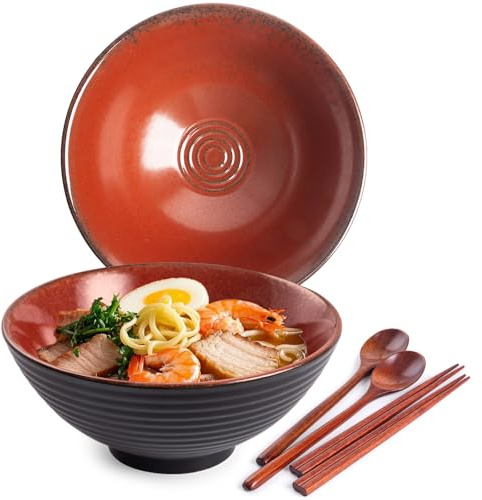 Auanlay Lot de 2 bols à ramen en céramique de 1200 ml, avec baguettes et cuillères, grand bol à soupe de 20 cm, rouge