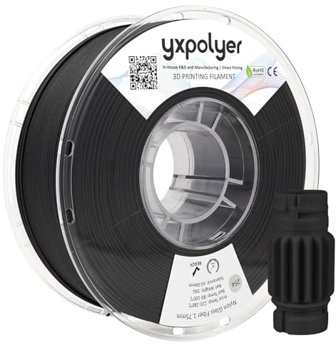YXPOLYER Nylon Glasfaser Filament PA6 GF 1,75 mm 1kg Nylon-GF Schwarze, 10% glasfaserverstärkt, färbbares 3D-Druckmaterial für Industrie & Technik mit wiederverwendbarer PC-Spule