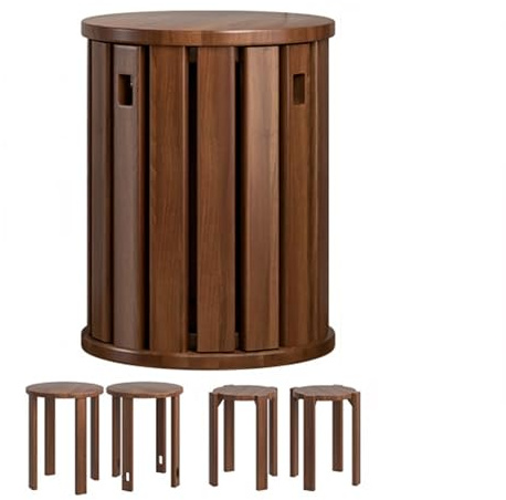 PIPOEI Lot de 4 Tabourets Empilables en Bois 4 en 1, Chaise Empilable, Tabouret Rond Empilables Peu Encombrants pour Cuisine, Chambre, Salle à Manger, Bar, sans Assemblage Walnut Color