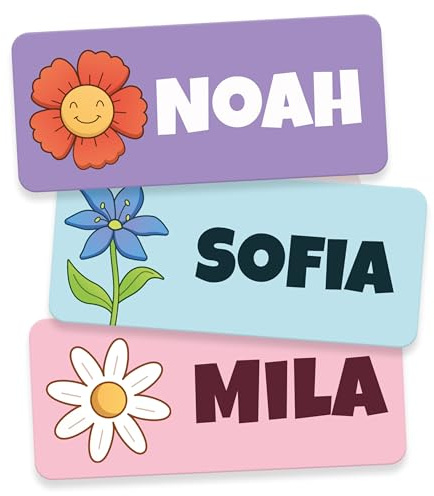 Namensaufkleber Kinder für Schule & Kita (60 Stk, Blumen) | Personalisiert & Waschmaschinenfest, Namensschilder für Kleidung, Namensetiketten, Klebeetiketten Namen Kinder
