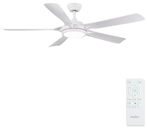 Newday 142 cm Large White Ceiling Fan with Light and Remote Control, Dimmable Ceiling Light, Silent DC Motor, 5 Blades, 6 Speed, 3 Timer for Bedroom, Living Room, Terrace, Kitchen