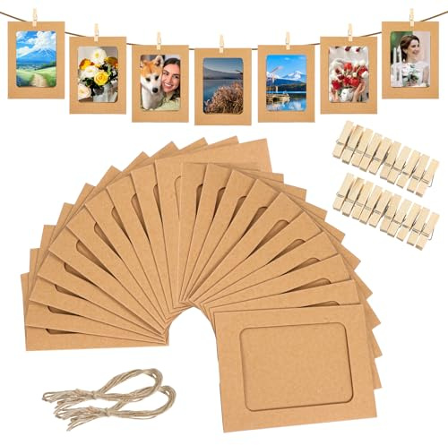 Larrel 20 Pcs Cardboard Photo Frames 4x6in, Lightweight Hanging Photo Display with Clips Funny Convenient Photos Display for Party Decor DIY Home Office Wedding (Cowhide)