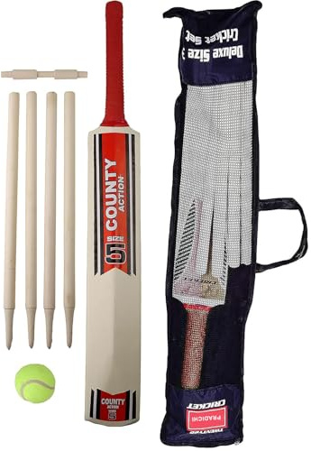 PRADICHI Complete Wooden Cricket Set with Mesh Carry Bag – Includes Bat, Stumps, Bails & Ball – Size 3 & 5 – Ideal for Kids Aged 8-12 & Family Fun Outdoors (5)