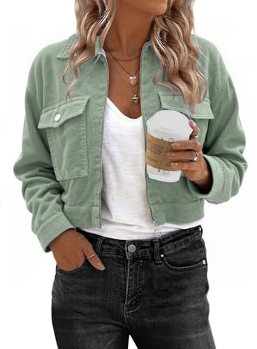 YUTILA Damen Cordjacke – Kurzjacke mit Knöpfen und Taschen, Herbst Frühling Übergangsjacke