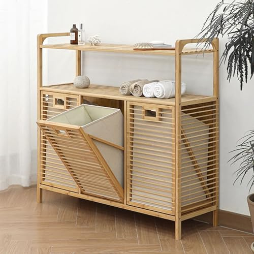 Large Bamboo Laundry Hamper with 2 Removable Baskets Tilt-Out Laundry Sorter Cabinet with Shelves Natural Bamboo for Clothes Towels Bathroom Storage Solution