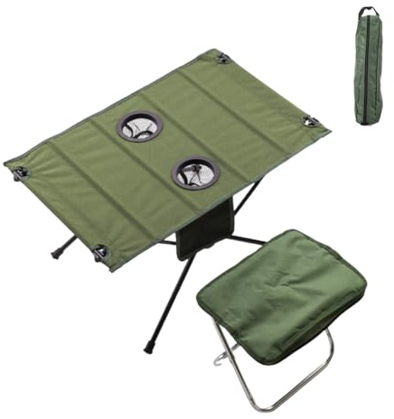 Ichlovdu Klappbarer Camping-Tisch und Stuhl Set, Aluminiumlegierung, mit 2 Getränkehaltern, Tragkraft Tisch 20kg/Stuhl 150kg, Olivgrün