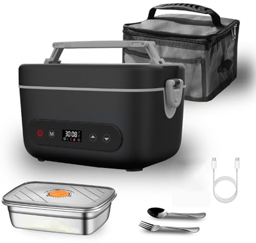 IXPIUZB Lunch Box Chauffante Sans Fil Batterie Rechargeable, Boite Chauffante Repas électrique Sur Batterie 12000mah Avec écran Tactile Portable à Chauffage Rapide Pour Voiture Bureau (Noir gris)