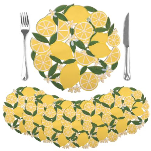 comfoyar Set di 6 Tovagliette Americane Ricamate Rotondo, 35 cm Tovagliette Americane Lavabili Lemon Primavera Estate con Foglie e Fiori Traforate per Casa Cucina, Tavola di Feste Decorazione