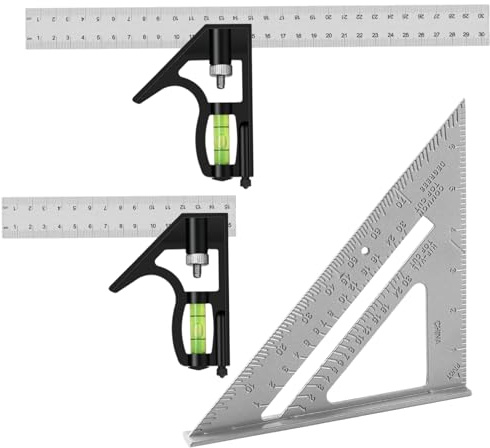 3 Pcs Square Carpentry Metal Set, 150mm + 300mm+7 Inch Multifunctional Right Angle Ruler Set, Adjustable Combination Try Square Tool with Bubble Level for Woodworking Engineers Carpenter