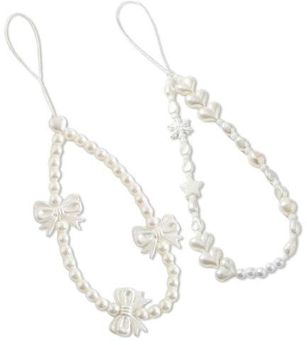 YIPFEN Lot de 2 Bijoux de Telephone Bracelet Telephone Portable en Perles Chaine Dragonne Accessoire pour Femmes Filles (Blanc)