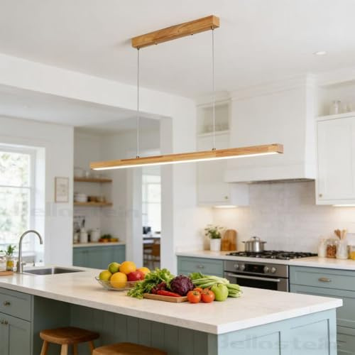 Holz Pendelleuchte LED Esszimmer Dimmbar Esstischlampe Hängelampe Linear Design Hängeleuchte Dimmbare LED Pendellampe mit Fernbedienung, Höhenverstellbare für Büro Küche Esszimmer (Holz, 80)
