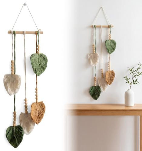Simsky Makramee Wandbehang Handgemacht Grün, Boho Wandteppich Feder Blatt Wanddeko Wohnzimmer, Salbeigrün Deko Wohnung, Fensterdeko Hängend Schlafzimmer, Hochzeit Wanddekoration
