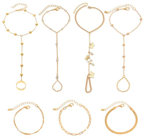 UJBVCX 4PCS Pulseras Mujer, Pulsera de Cadena de Mano Dorada con Anillo de Dedo, Elegantes Mano Brazalete Anillo-Dedo