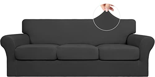 Easy-Going 4 Pieces Stretch Soft Couch Cover for Dogs - Washable Sofa Slipcover for 3 Separate Cushion Couch - Elastic Furniture Protector for Pets, Kids (Sofa, Dark Gray, Large)