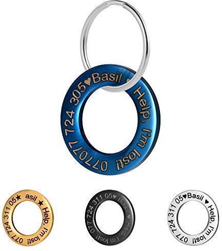 lyl Targhetta d’identificazione per Animali Domestici, in Acciaio Inox, Incisione Personalizzata Fronte/Retro, per Gatto e Cane, Forme Squillare (Blu, M)