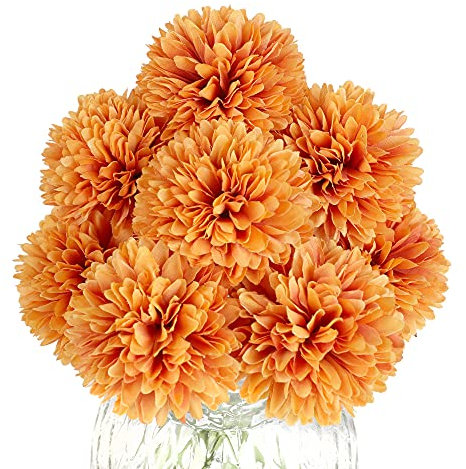 Louiesya Künstliche Blumen, 12 Stück, künstliche Seidenblumen, Chrysanthemen, Kugel, Hortensien, Brautstrauß für Zuhause, Garten, Party, Hochzeitsdekoration (Orange, 12 Stück)