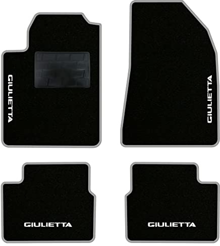 QUEMAR Tappetini Auto per Alfa Romeo GIULIETTA, Bordo Perla, 4 Ricami | 2016-2020 / Kit Tappeti Moquette e Gomma su Misura / Set 2 Anteriori + 2 Posteriori / Ricami e Colori Personalizzati