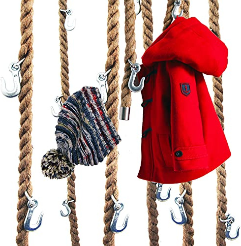 LeTOMA Garderobe aus Jute-Seil mit silbernen Metall-Haken zum Aufhängen an der Decke, Wand im Industrial-Design | Praktisch, elegant, platzsparend - 1x Tau-Schnur 160 cm lang und 5 Stahl-Haken