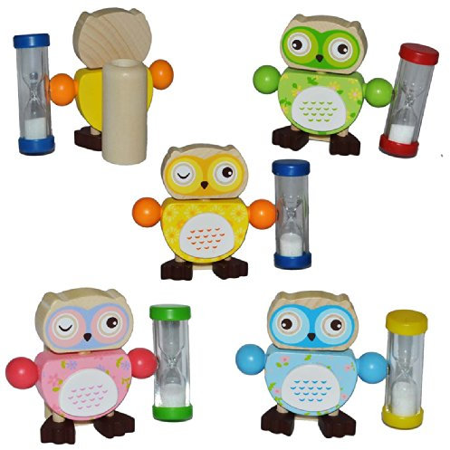alles-meine.de GmbH Zahnputzuhr/Zahnbürstenhalter - Eule mit Sanduhr für Jungen - Eulen aus Holz für die Zahnbürste Kinder/zum Zähneputzen für 3 Minuten