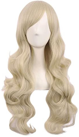 MapofBeauty 28 Pouces/70 cm Haut-température fibre Side Frange Longue Vague Bouclé Cheveux Cosplay Perruques (Blond)