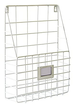 ZYFAB Metall Draht Wandmontage Zeitschriftenhalter, Wand Hängen Zeitschriftenständer mit Tag Slot Hängekorb für Dateien Zeitungen,Weiß