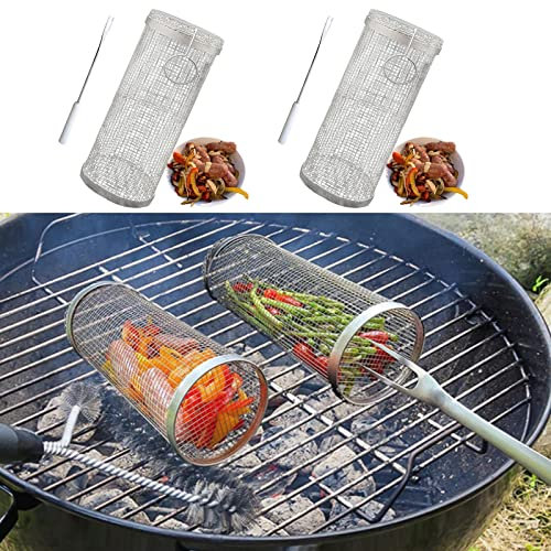 RISELY 2 Stück runder Grillkorb | Mesh-Grilltaschen | Edelstahlgrill | Outdoor-Geschenke | Holzkohlegrill-Kombination | Gemüsegrillkörbe für den Außengrill(30CM)