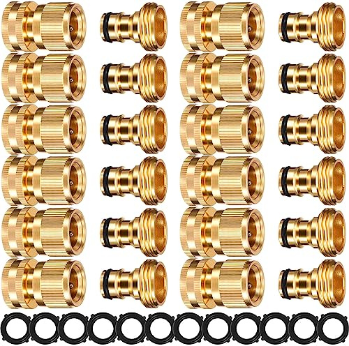 Therwen 12 Sets Garden Hose Connector Solid Brass 3/4 Inch Quick Water Hose Connectors No Leak Heavy Duty Garden Hose Fitting Female Adapter and Male Adapter
