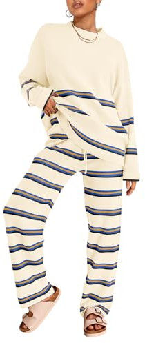 LILLUSORY 2-teiliges Set für Damen 2025, zweiteilige Lounge-Sets, Herbstmode, übergroße gestreifte Strickpullover, Outfits, Streifen Beige, M