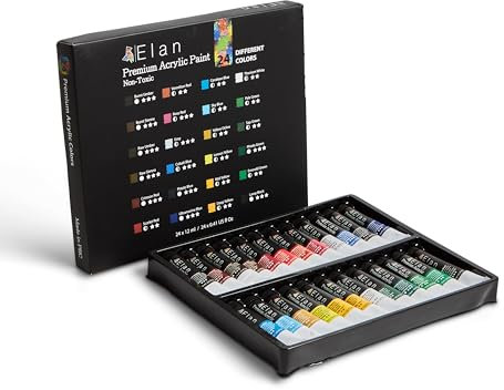 Elan Acrylfarben Set, 24x 12ml Acrylfarben Starterset Ungiftig, Professionelle Qualität Acryl Farben für Leinwand, Acrylic Paint Set