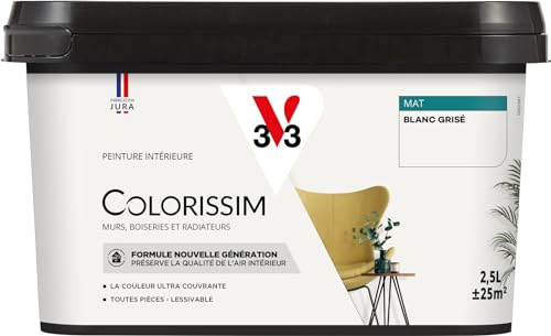 V33 Peinture multi-supports Colorissim® Blanc grisé Mat 2,5L | Peinture Murs Boiseries Radiateurs, Ultra-couvrant, Toutes pièces, Lessivale, Qualité de l'air intérieur