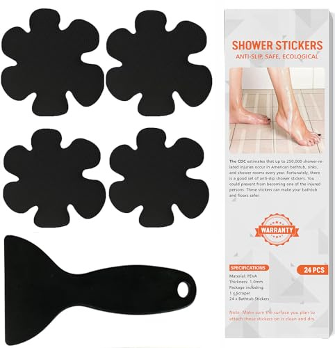 Non Slip Bathtub Stickers, 24 PCS Shower Safety Decals - Bathtub & Shower Floor Non Slip Stickers, Adhesive Decals Scraper for Stairs & Ladders (Flower Shape, Black)