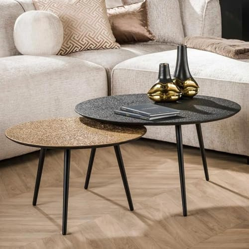 RINGO-Living Sofa Couchtisch aus Holz Industrial Style 2er Set Beistelltische Vintage, runder Couch Tisch Schwarz Gold, moderner Echtholz Massivholz Wohnzimmertisch Set, modern Satztisch Industrie