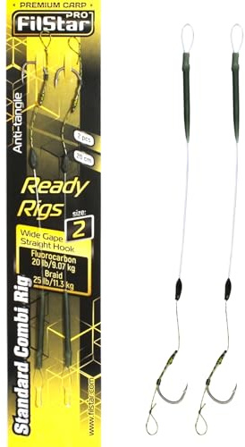 PRO FILSTAR Karpfenangeln Combi Rig Wide Gape Angelhaken N2, Flechtschnur | Fluorocarbon Vorfach 20cm Anti Tangle Sleeve - Carp Fishing Pop Up Angel Köder - Boilies Haar Rig - Karpfen Angeln Zubehör