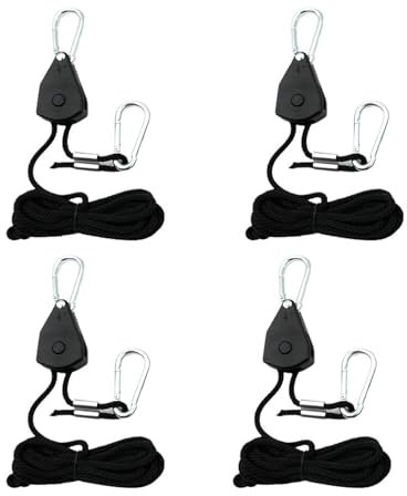 Seilratsche Mit Haken, 2 Stück 2.4m Windfestes Seil Zur Einstellung Der Riemenscheibe,1/8 Zoll Mit Ersetzend Karabiner Metallfür Aufhänger Pflanzenlampe Und Camping Zelten (4 Stück,Schwarz)