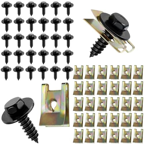 zrfgbxim 60 Pcs Dadi a U Clip di Fissaggio per Auto Carrozzeria e Viti Autofilettanti per Metallo: 30 Viti Autoperforanti per Metallo e 30 Auto U-Clips, Bulloni Dadi a Clip a U per Carrozzeria