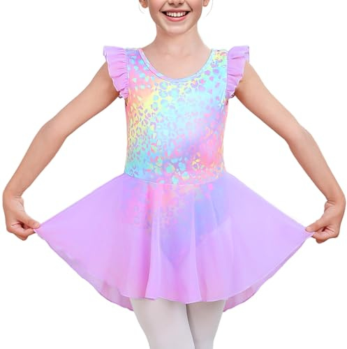 Stylish Girls' Ballet Leotard with Skirt - Elegant Flutter & Ruffle Sleeves, Comfortable Stretch Fit, Perfect for Dance, Lavender Size 4-5T